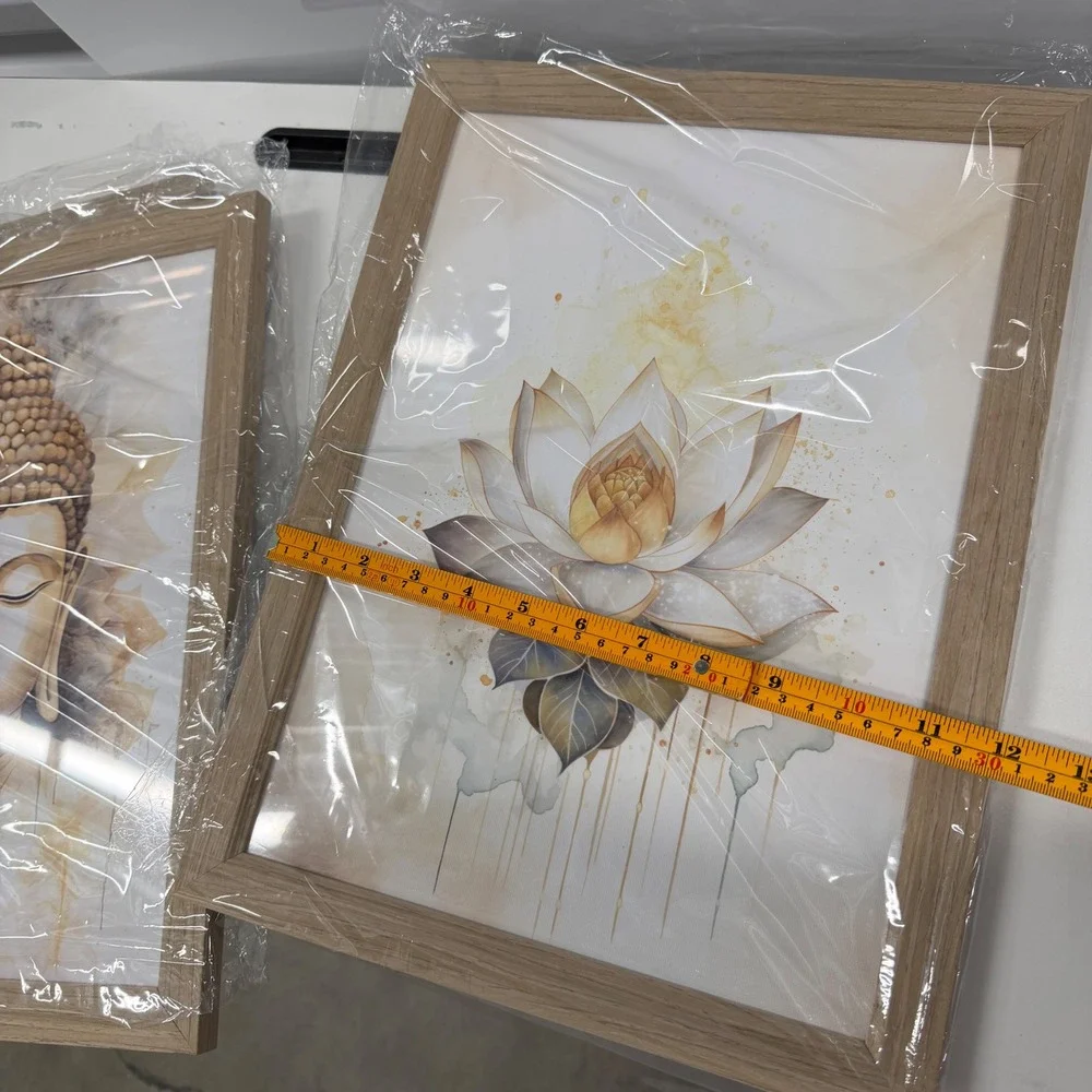 Set 3 Zen Buddha Lotus Tree of Life Framed Canvas Wall Art Gold Beige 12x16